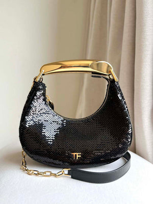 Tom Ford Black Hand embroidered sequins Leather Bianca Mini Hobo 5520708811 - Default Title - View 1