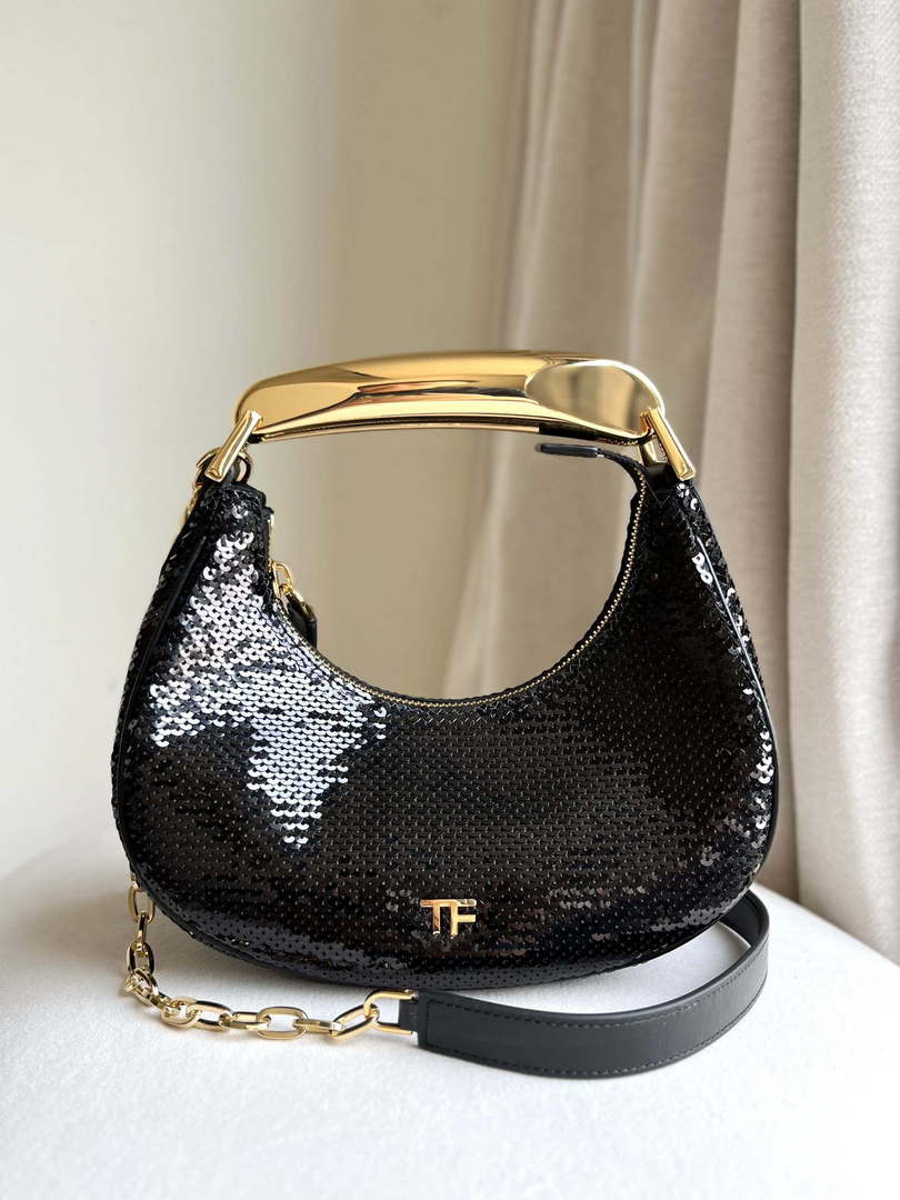 Tom Ford Black Hand embroidered sequins Leather Bianca Mini Hobo 5520708811 - Default Title - View 1