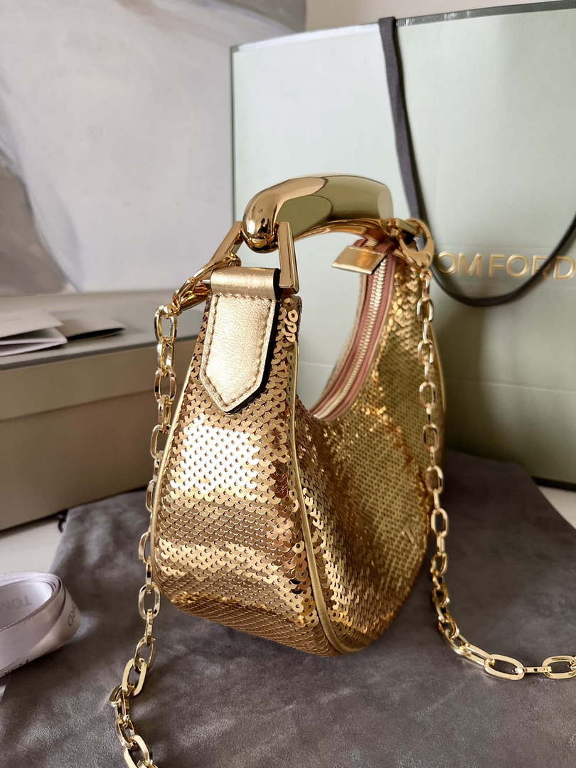 Tom Ford Gold Hand embroidered sequins Leather Bianca Mini Hobo 5520708811