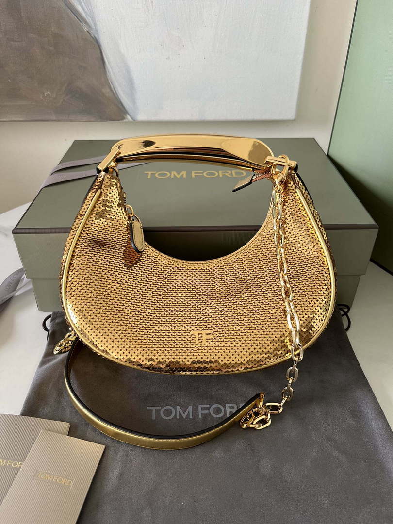 Tom Ford Gold Hand embroidered sequins Leather Bianca Mini Hobo 5520708811