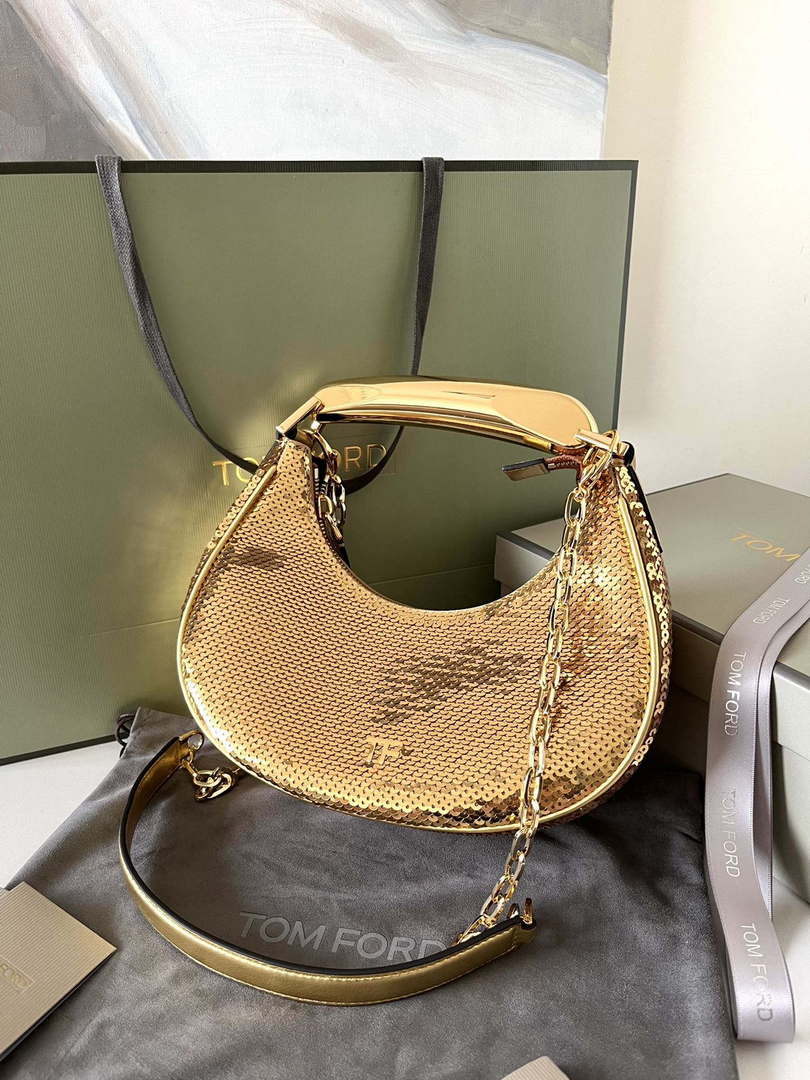 Tom Ford Gold Hand embroidered sequins Leather Bianca Mini Hobo 5520708811