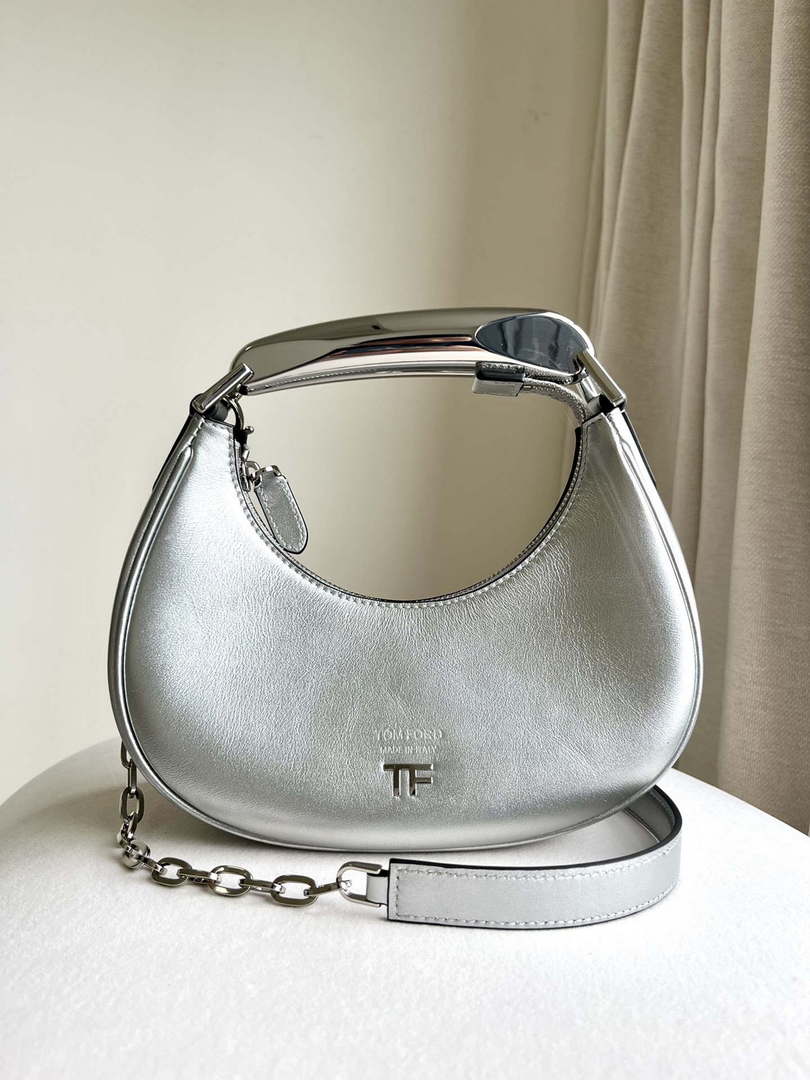 Tom Ford Grain Leather Bianca Mini Hobo 5520708811 Silver - Default Title - View 1
