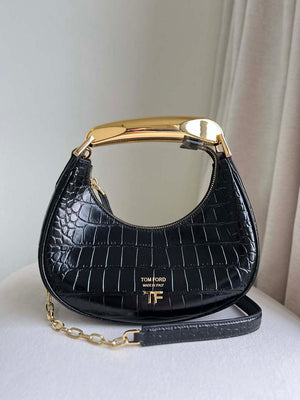 Tom Ford Shiny Stamped Crocodile Leather Bianca Mini Hobo 5520708811 Black - Default Title - View 1