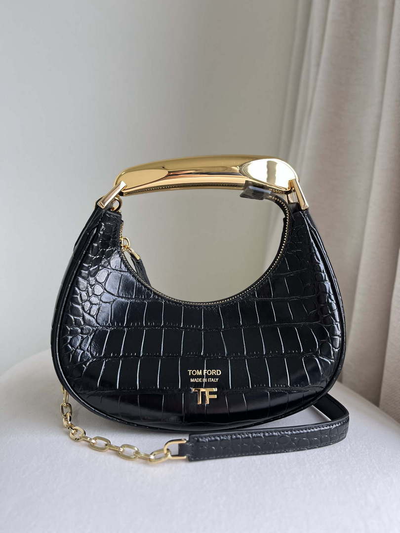 Tom Ford Shiny Stamped Crocodile Leather Bianca Mini Hobo 5520708811 Black - Default Title - View 1