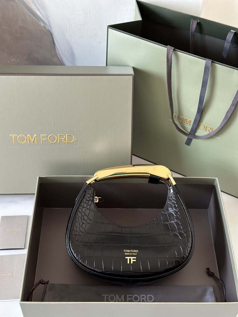 Tom Ford Shiny Stamped Crocodile Leather Bianca Mini Hobo 5520708811 Black