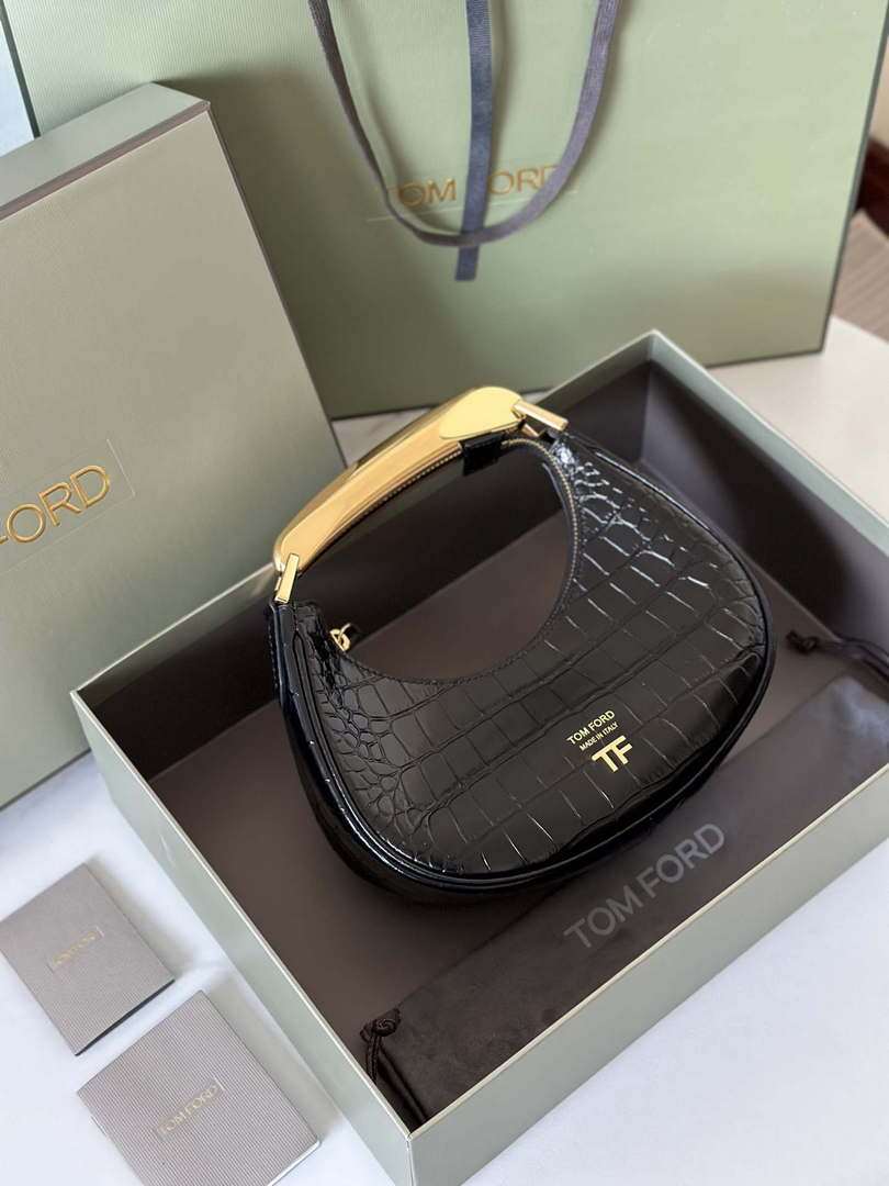 Tom Ford Shiny Stamped Crocodile Leather Bianca Mini Hobo 5520708811 Black