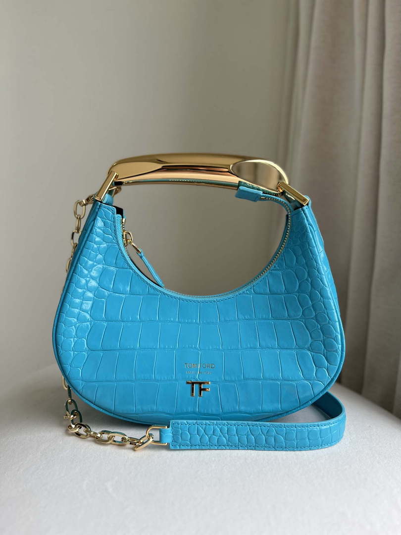 Tom Ford Shiny Stamped Crocodile Leather Bianca Mini Hobo 5520708811 Blue - Default Title - View 1