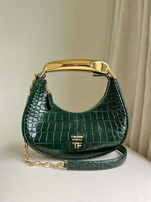 Tom Ford Shiny Stamped Crocodile Leather Bianca Mini Hobo 5520708811 Dark Green - Default Title - View 1
