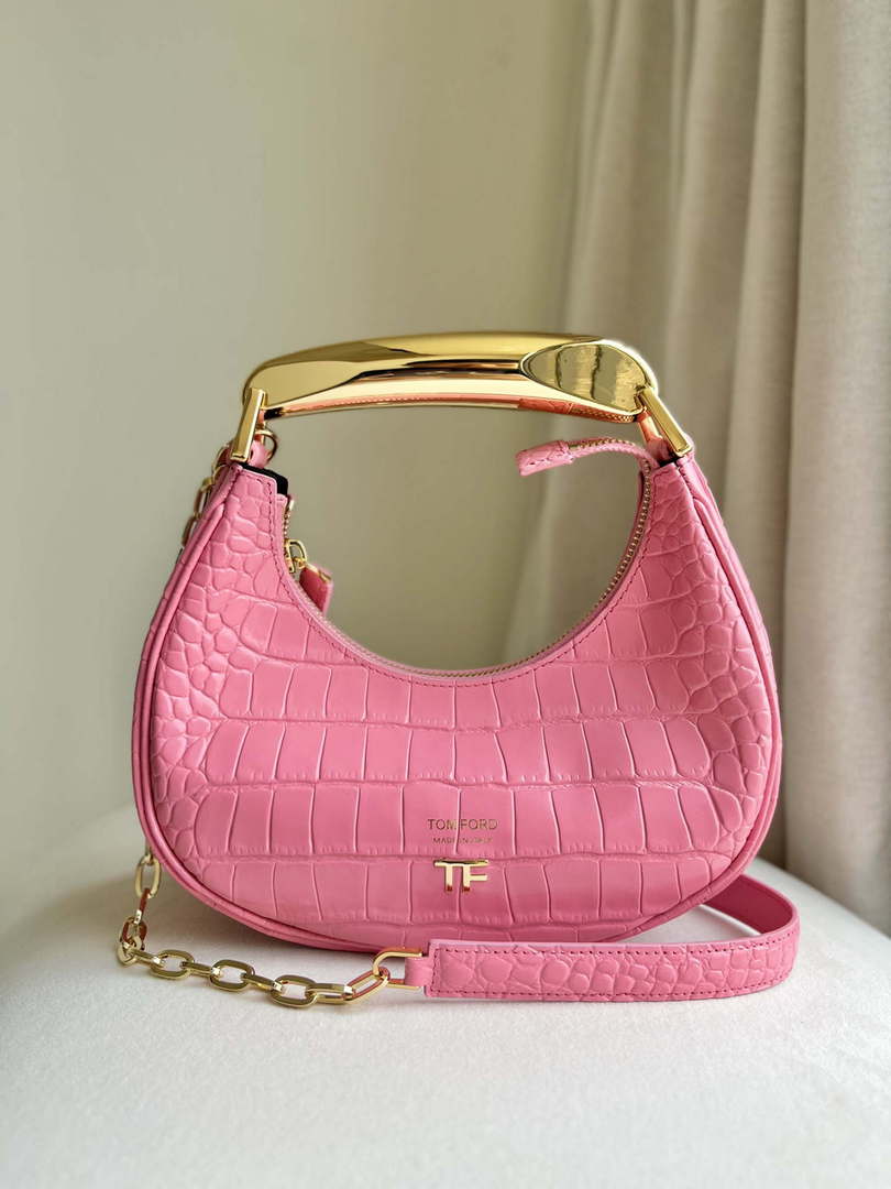 Tom Ford Shiny Stamped Crocodile Leather Bianca Mini Hobo 5520708811 Pink - Default Title - View 1