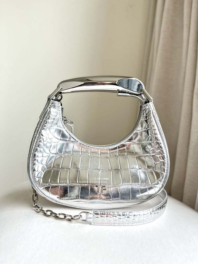 Tom Ford Shiny Stamped Crocodile Leather Bianca Mini Hobo 5520708811 Silver