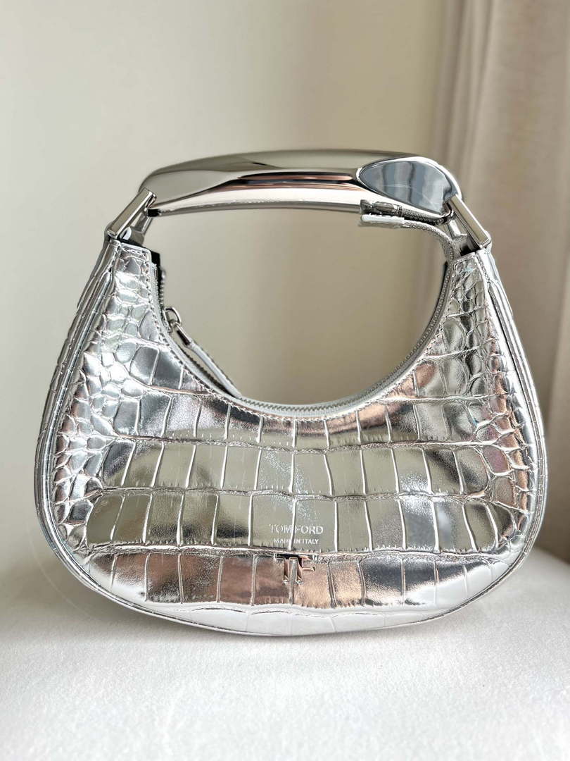 Tom Ford Shiny Stamped Crocodile Leather Bianca Mini Hobo 5520708811 Silver