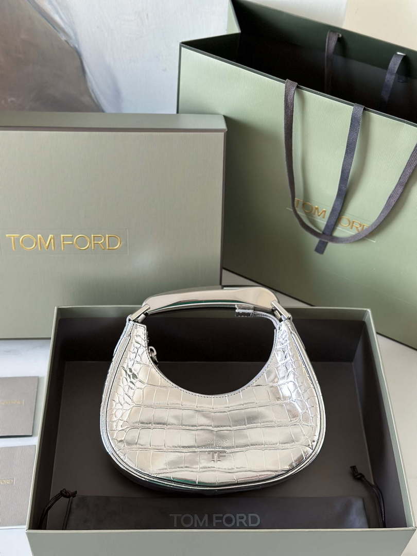 Tom Ford Shiny Stamped Crocodile Leather Bianca Mini Hobo 5520708811 Silver
