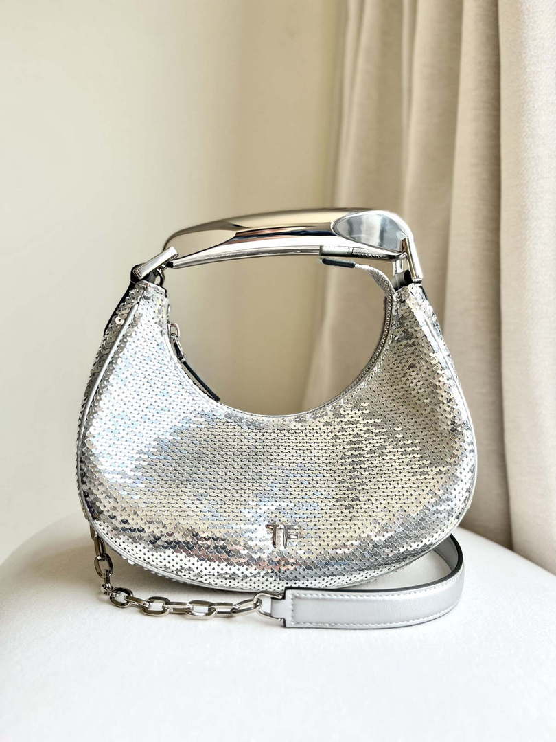 Tom Ford Silver Hand embroidered sequins Leather Bianca Mini Hobo 5520708811 - Default Title - View 1