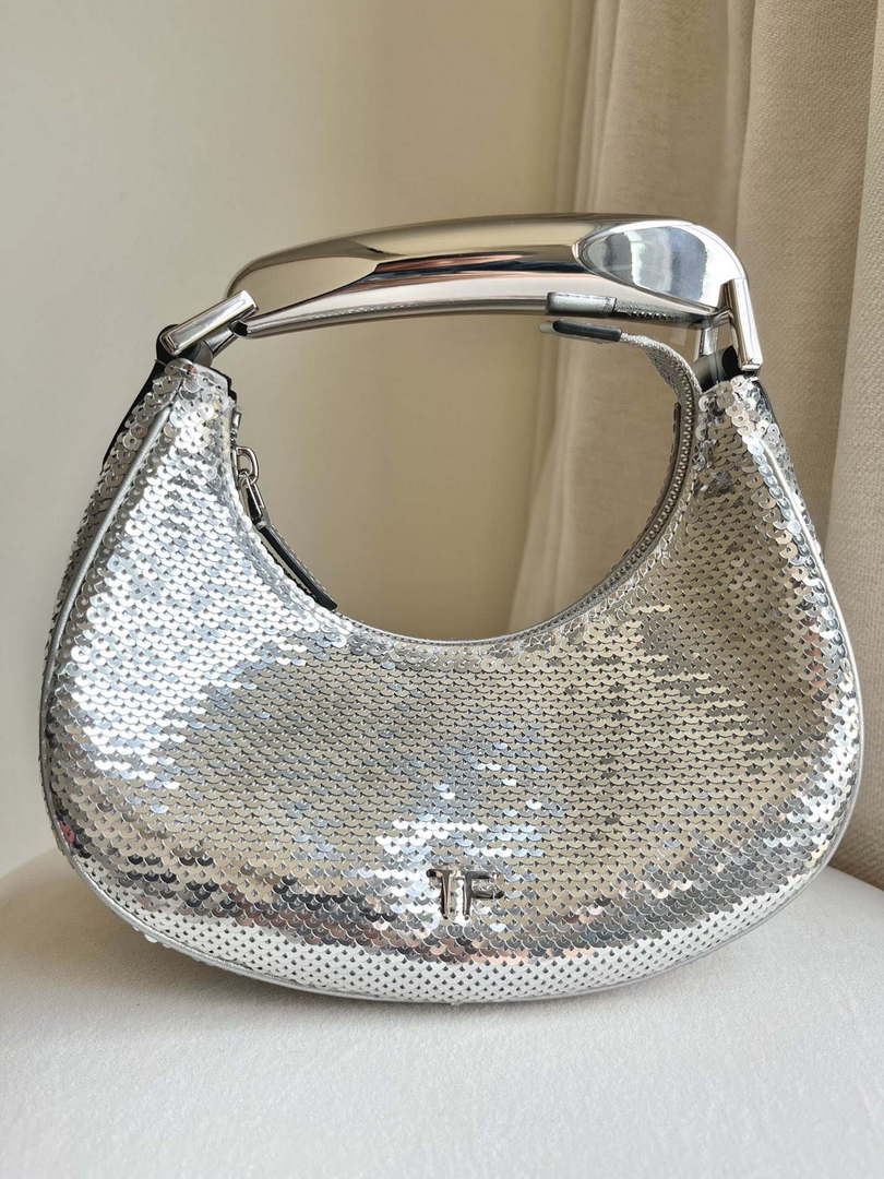 Tom Ford Silver Hand embroidered sequins Leather Bianca Mini Hobo 5520708811