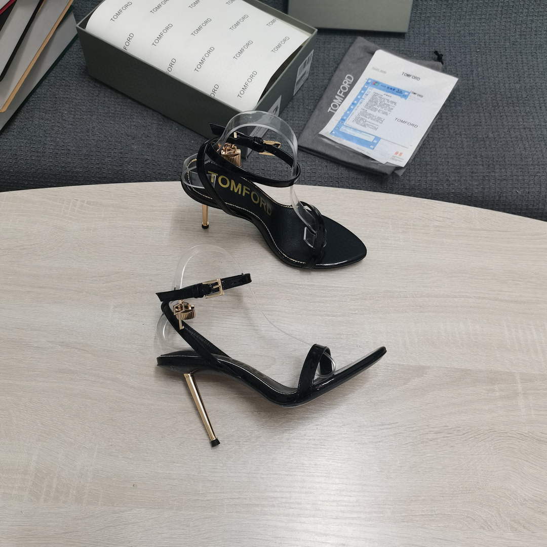 Tomford Shiny Leather Padlock Pointy Naked Sandal 105mm W228010