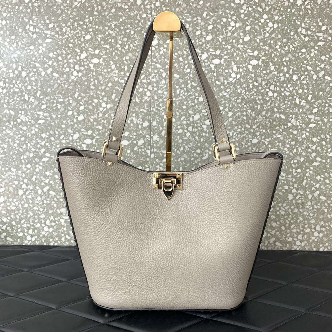 Valentino 0055 GARAVANI Rockstud Small Poudre Leather Tote Bag Gray