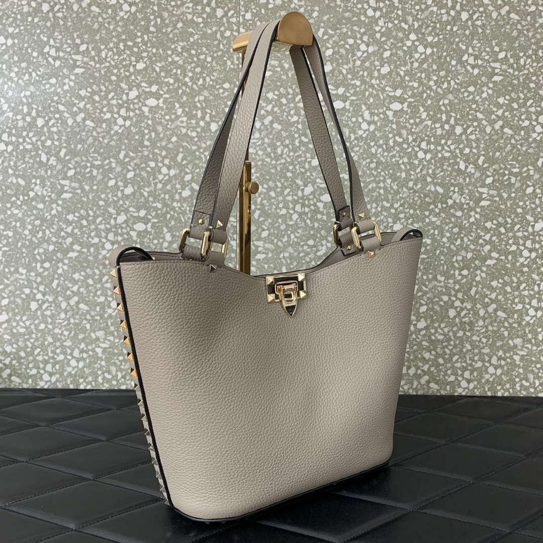 Valentino 0055 GARAVANI Rockstud Small Poudre Leather Tote Bag Gray