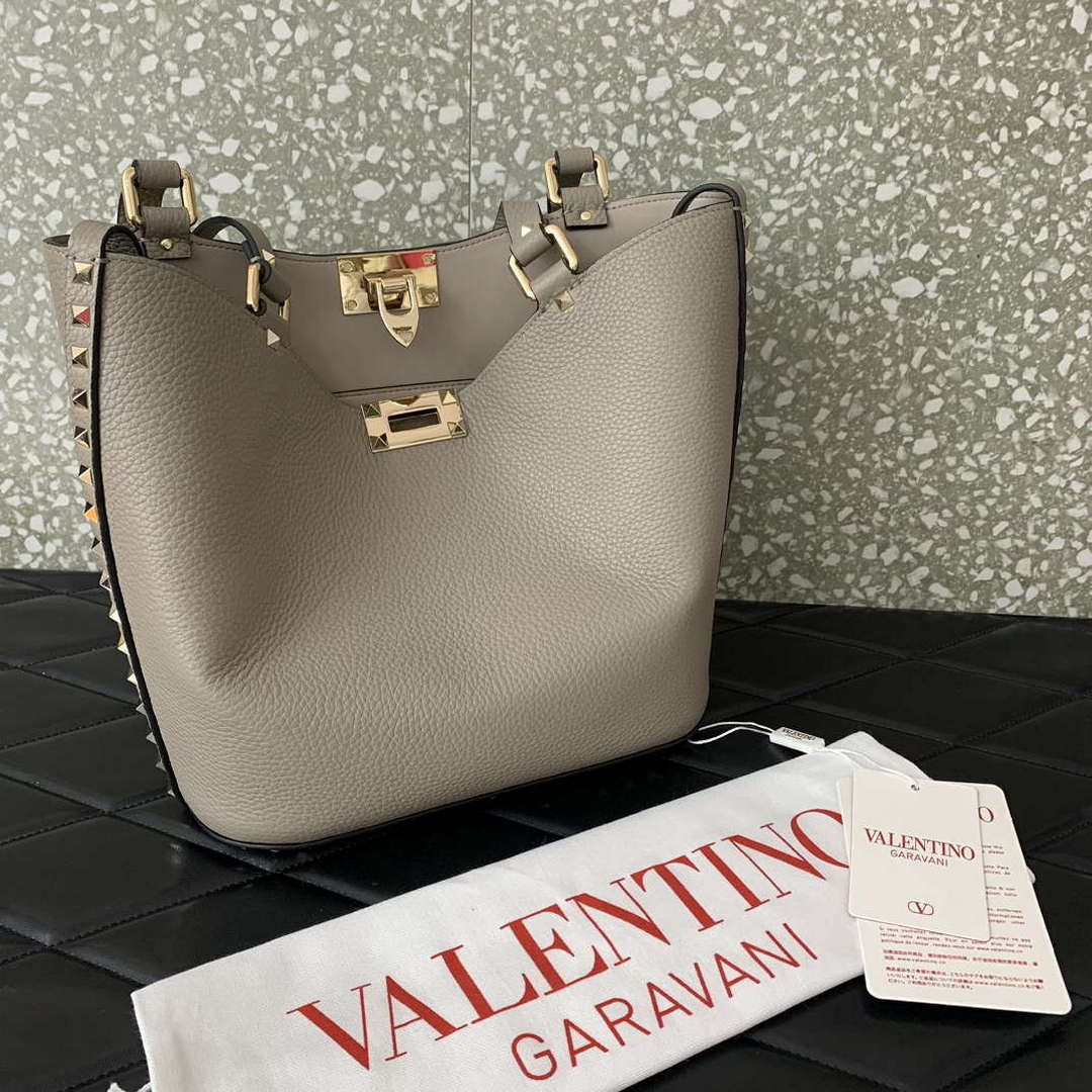 Valentino 0055 GARAVANI Rockstud Small Poudre Leather Tote Bag Gray