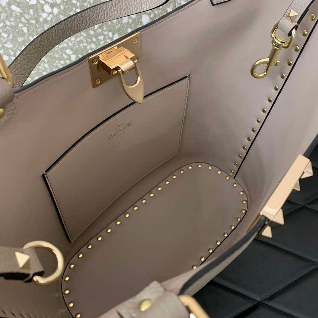 Valentino 0055 GARAVANI Rockstud Small Poudre Leather Tote Bag Gray