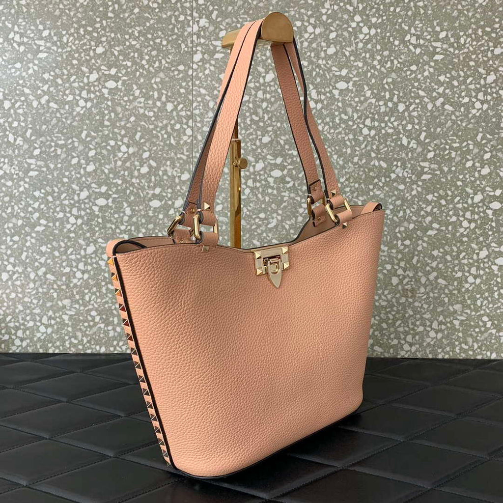 Valentino 0055 GARAVANI Rockstud Small Poudre Leather Tote Bag Pink