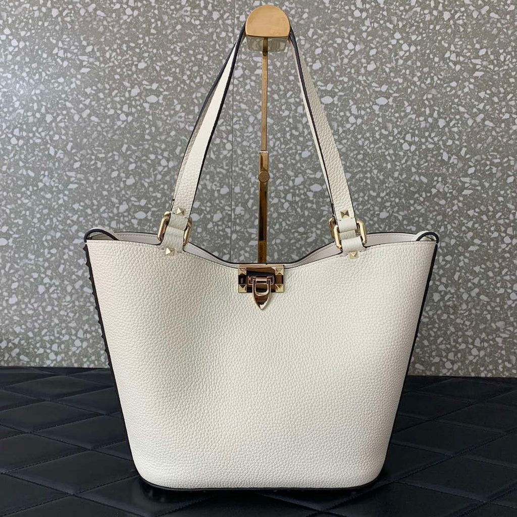 Valentino 0055 GARAVANI Rockstud Small Poudre Leather Tote Bag White