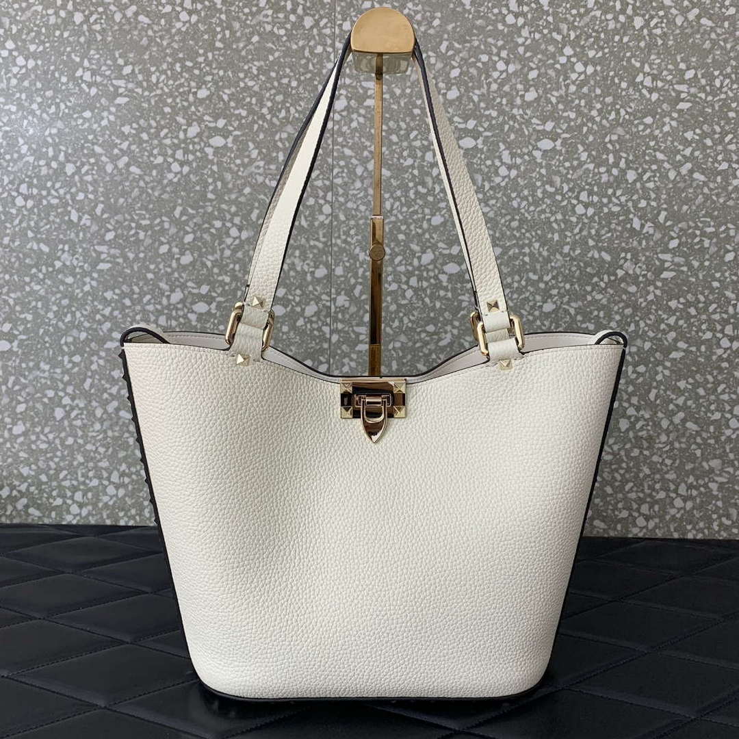 Valentino 0055 GARAVANI Rockstud Small Poudre Leather Tote Bag White - Default Title - View 1