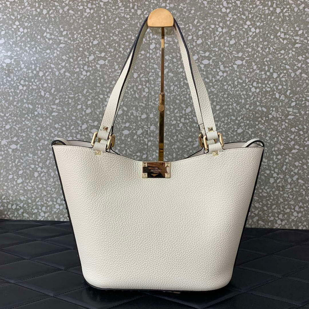 Valentino 0055 GARAVANI Rockstud Small Poudre Leather Tote Bag White