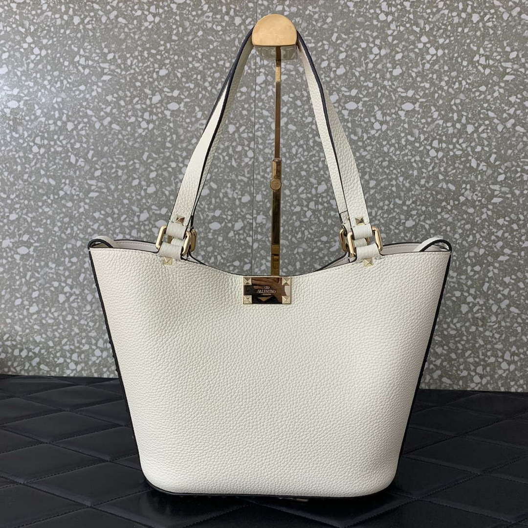 Valentino 0055 GARAVANI Rockstud Small Poudre Leather Tote Bag White