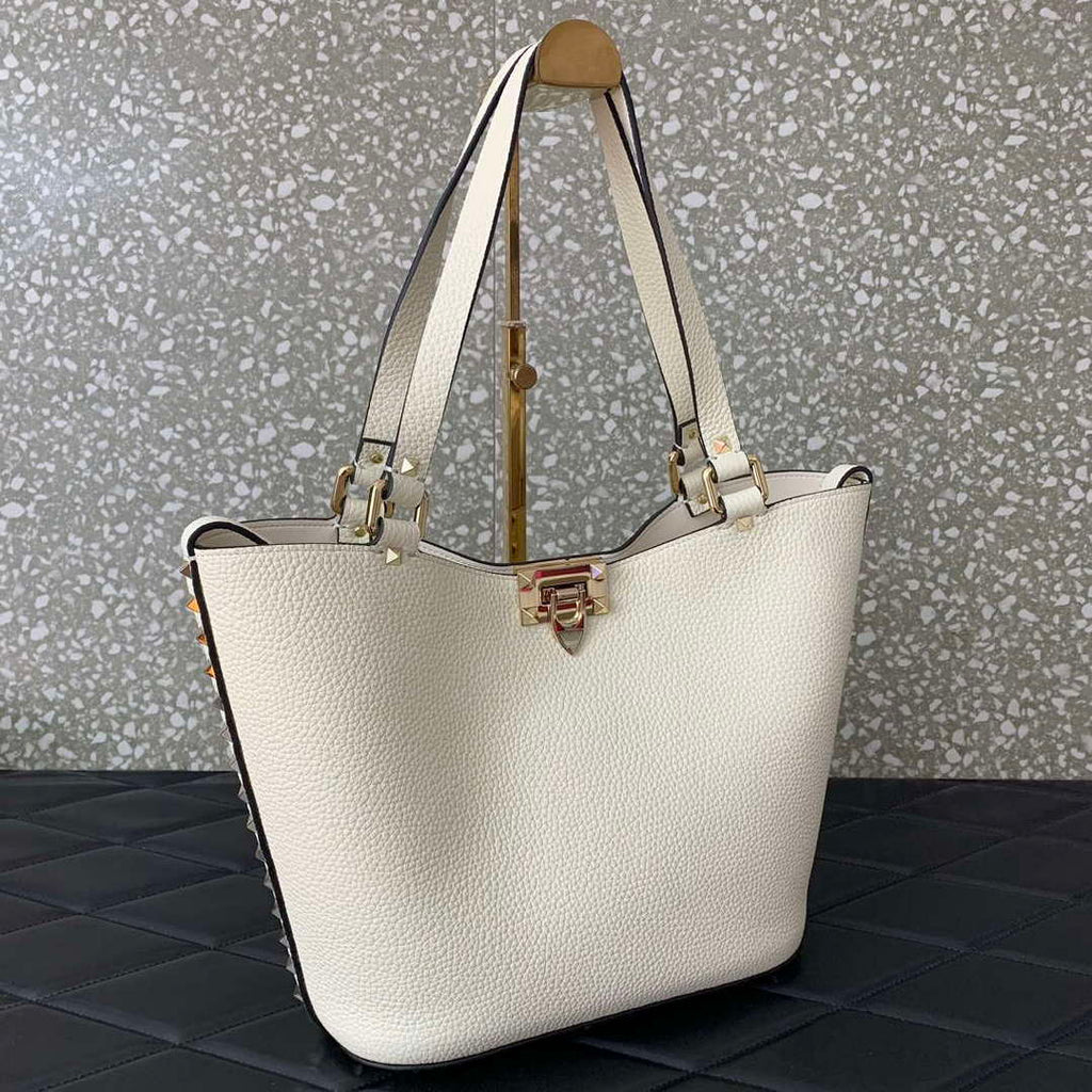 Valentino 0055 GARAVANI Rockstud Small Poudre Leather Tote Bag White