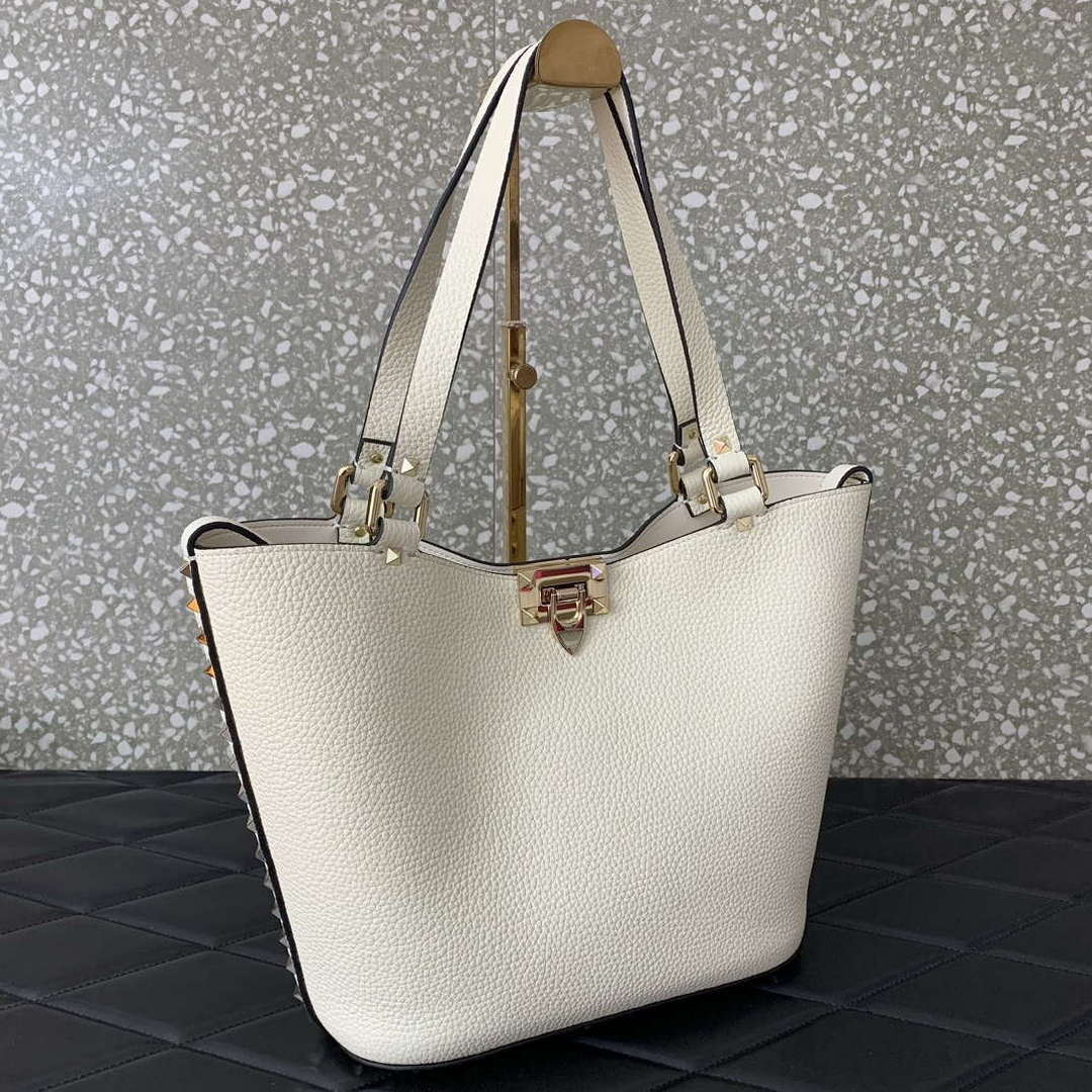 Valentino 0055 GARAVANI Rockstud Small Poudre Leather Tote Bag White