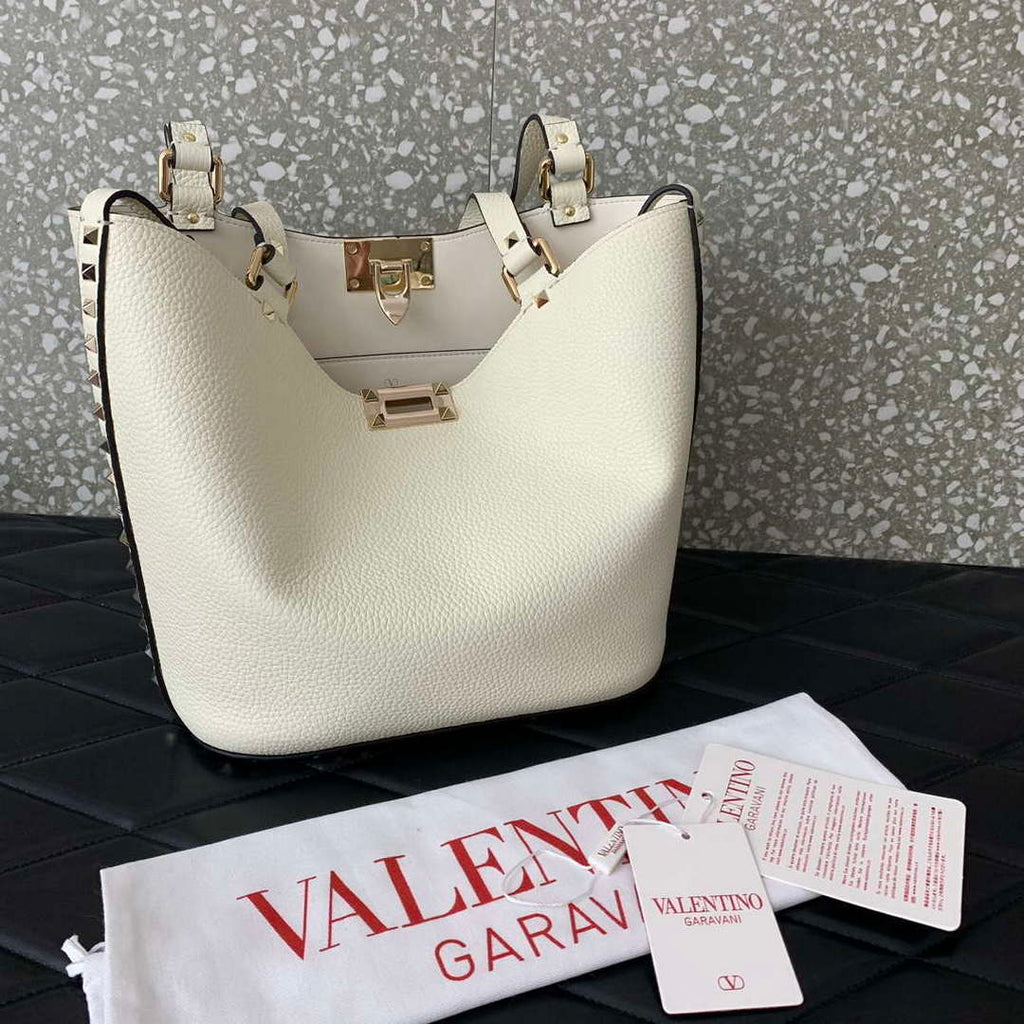 Valentino 0055 GARAVANI Rockstud Small Poudre Leather Tote Bag White