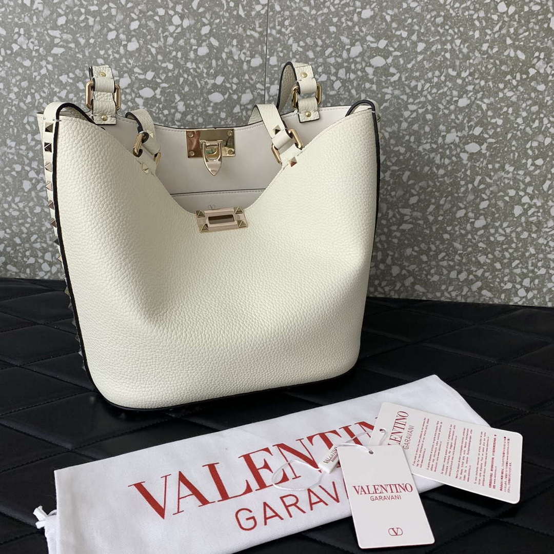 Valentino 0055 GARAVANI Rockstud Small Poudre Leather Tote Bag White
