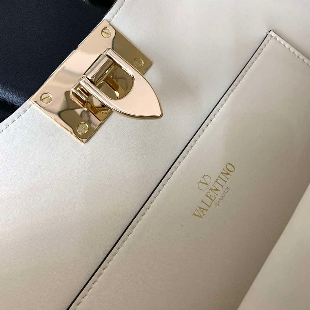 Valentino 0055 GARAVANI Rockstud Small Poudre Leather Tote Bag White
