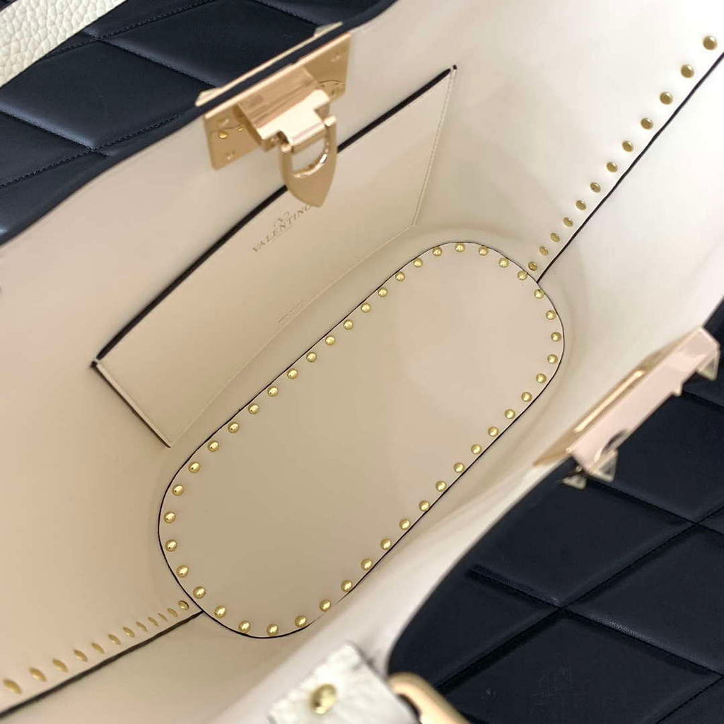 Valentino 0055 GARAVANI Rockstud Small Poudre Leather Tote Bag White