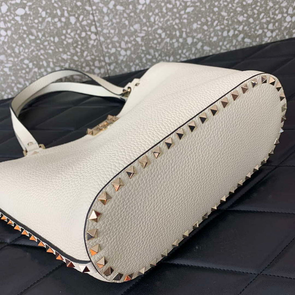 Valentino 0055 GARAVANI Rockstud Small Poudre Leather Tote Bag White