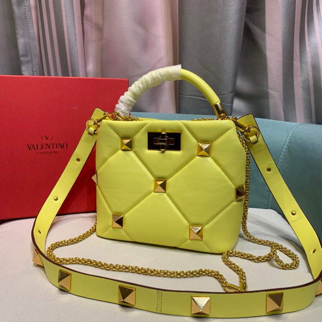 Valentino 0097S Small Roman Stud The Handle Bag In Nappa Yellow