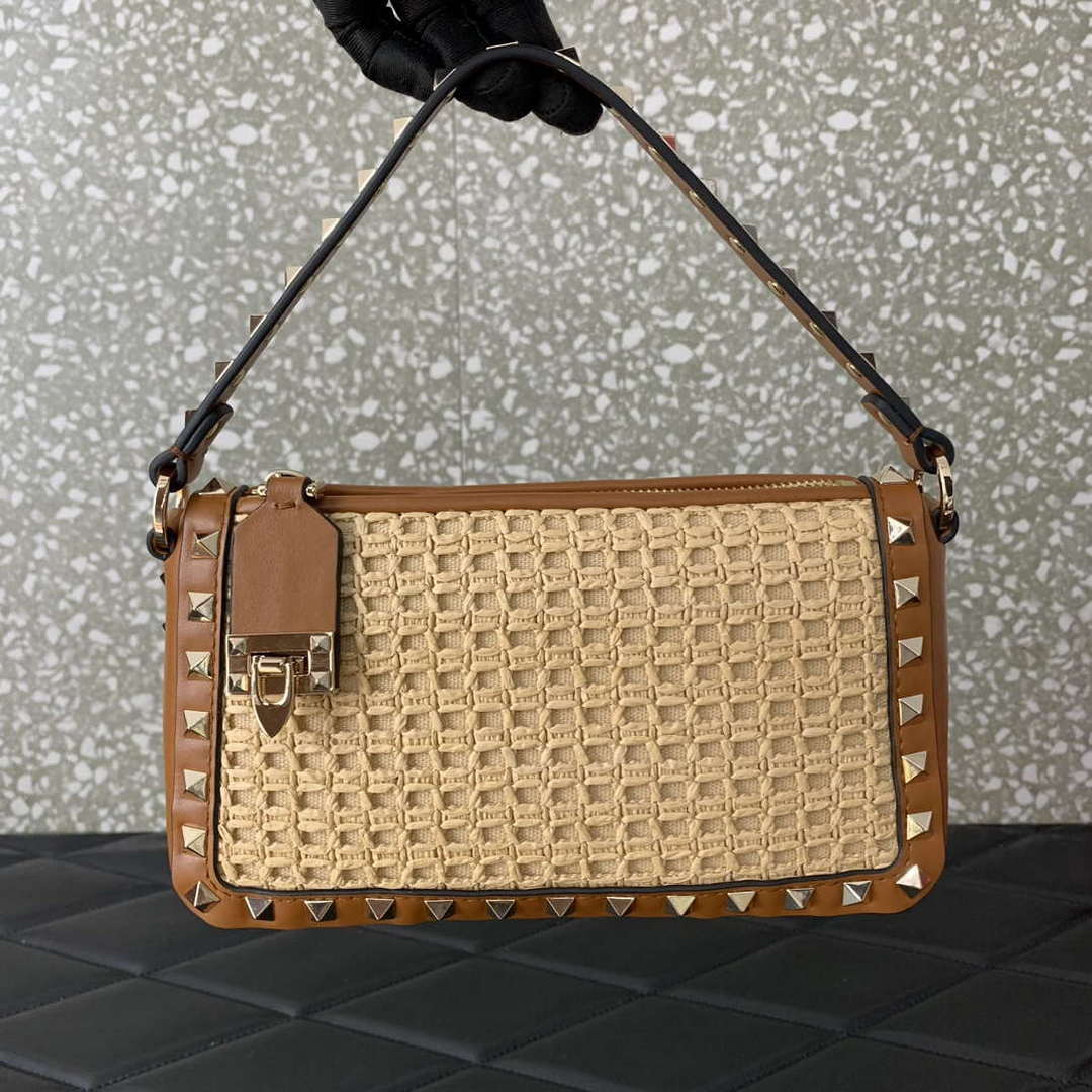 Valentino 03111 Garavani Rockstud Shoulder Bag Raffia