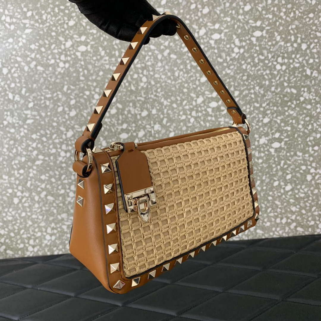 Valentino 03111 Garavani Rockstud Shoulder Bag Raffia