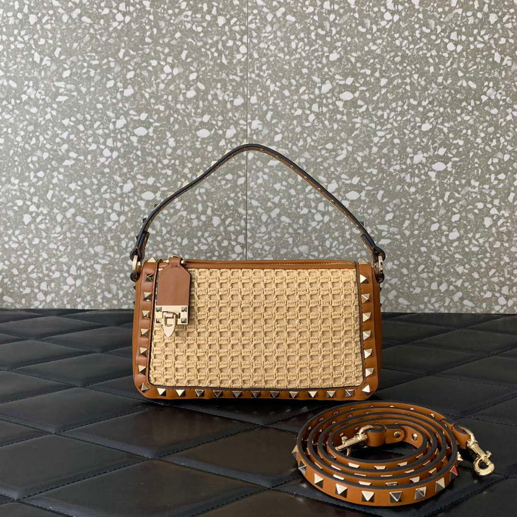Valentino 03111 Garavani Rockstud Shoulder Bag Raffia