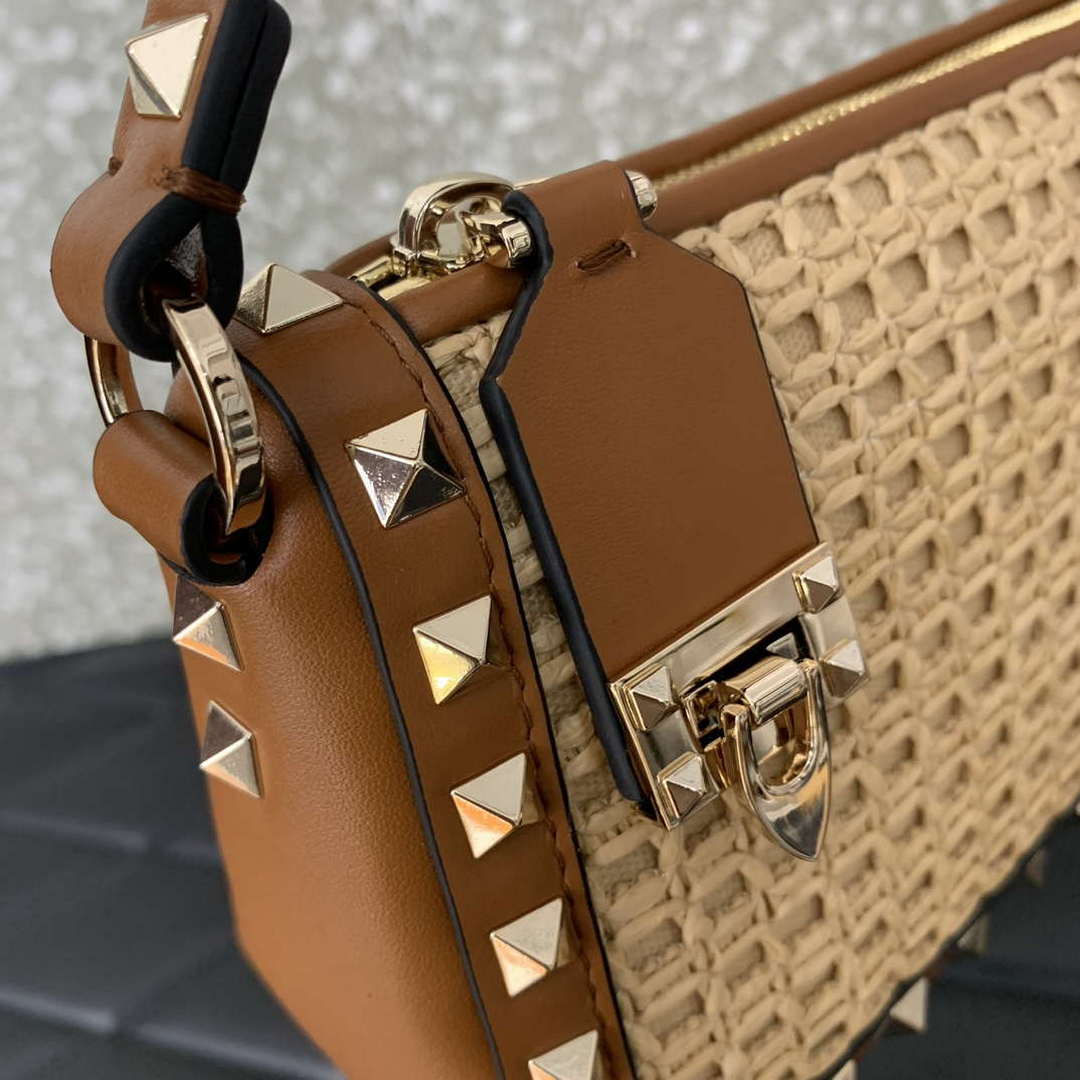 Valentino 03111 Garavani Rockstud Shoulder Bag Raffia