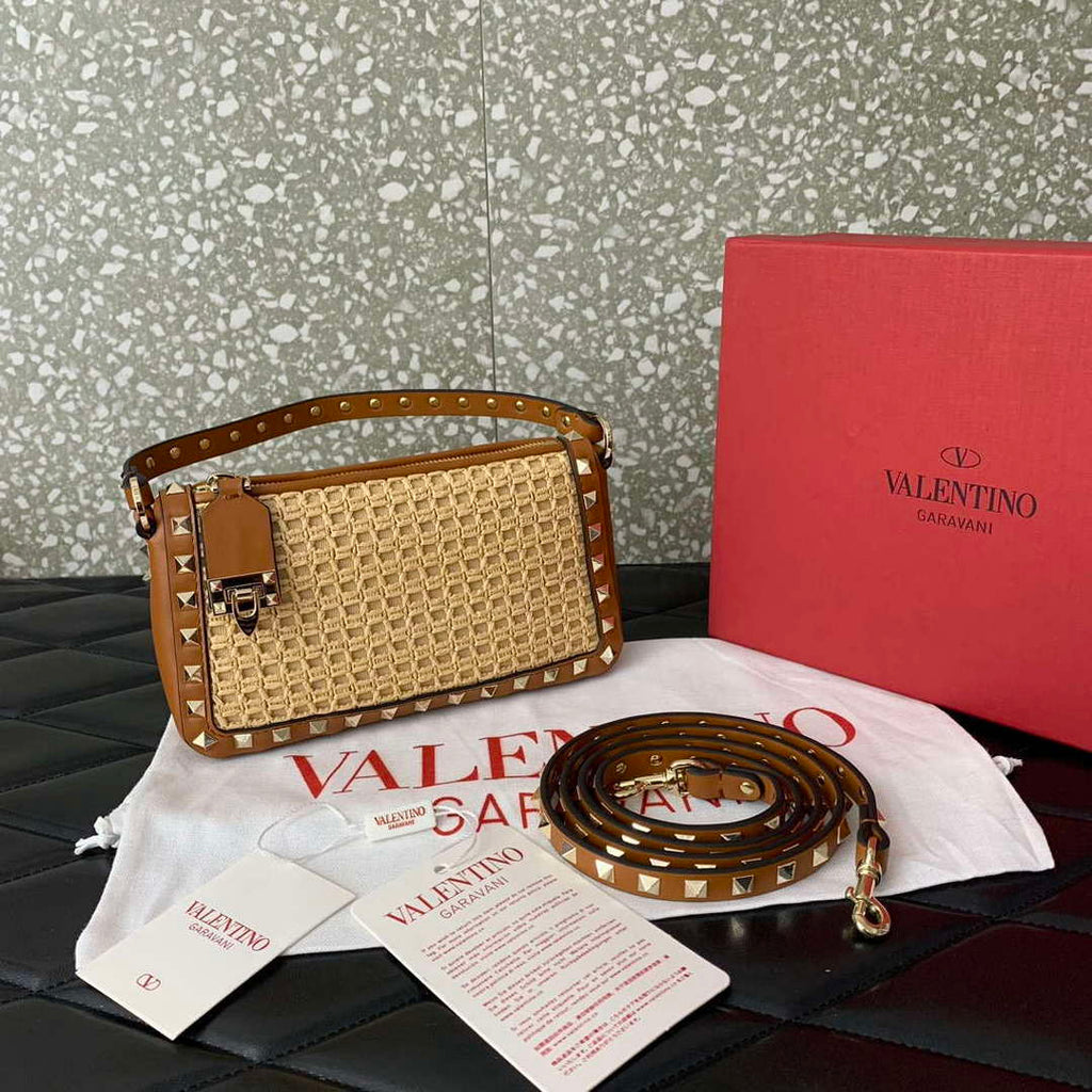 Valentino 03111 Garavani Rockstud Shoulder Bag Raffia