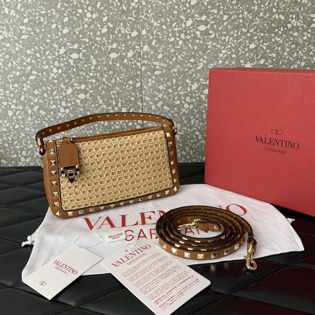 Valentino 03111 Garavani Rockstud Shoulder Bag Raffia
