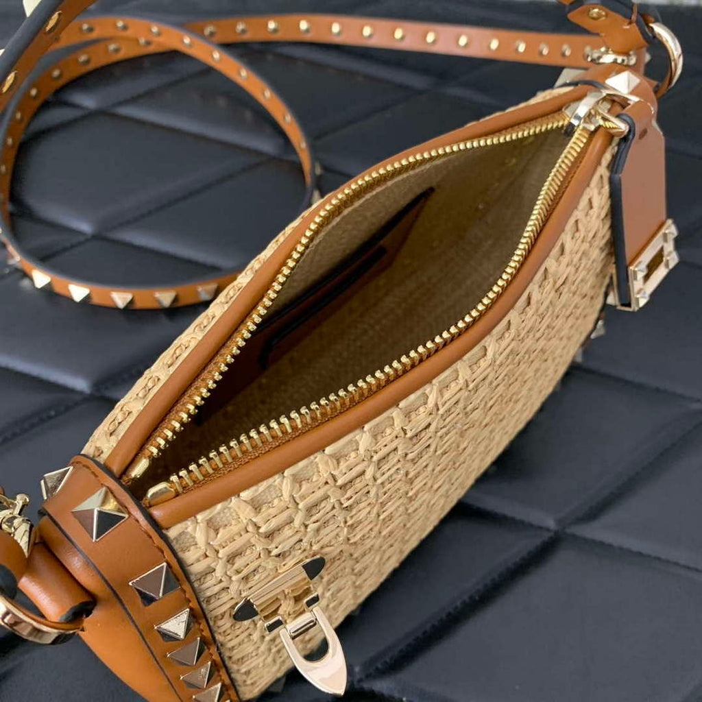 Valentino 03111 Garavani Rockstud Shoulder Bag Raffia