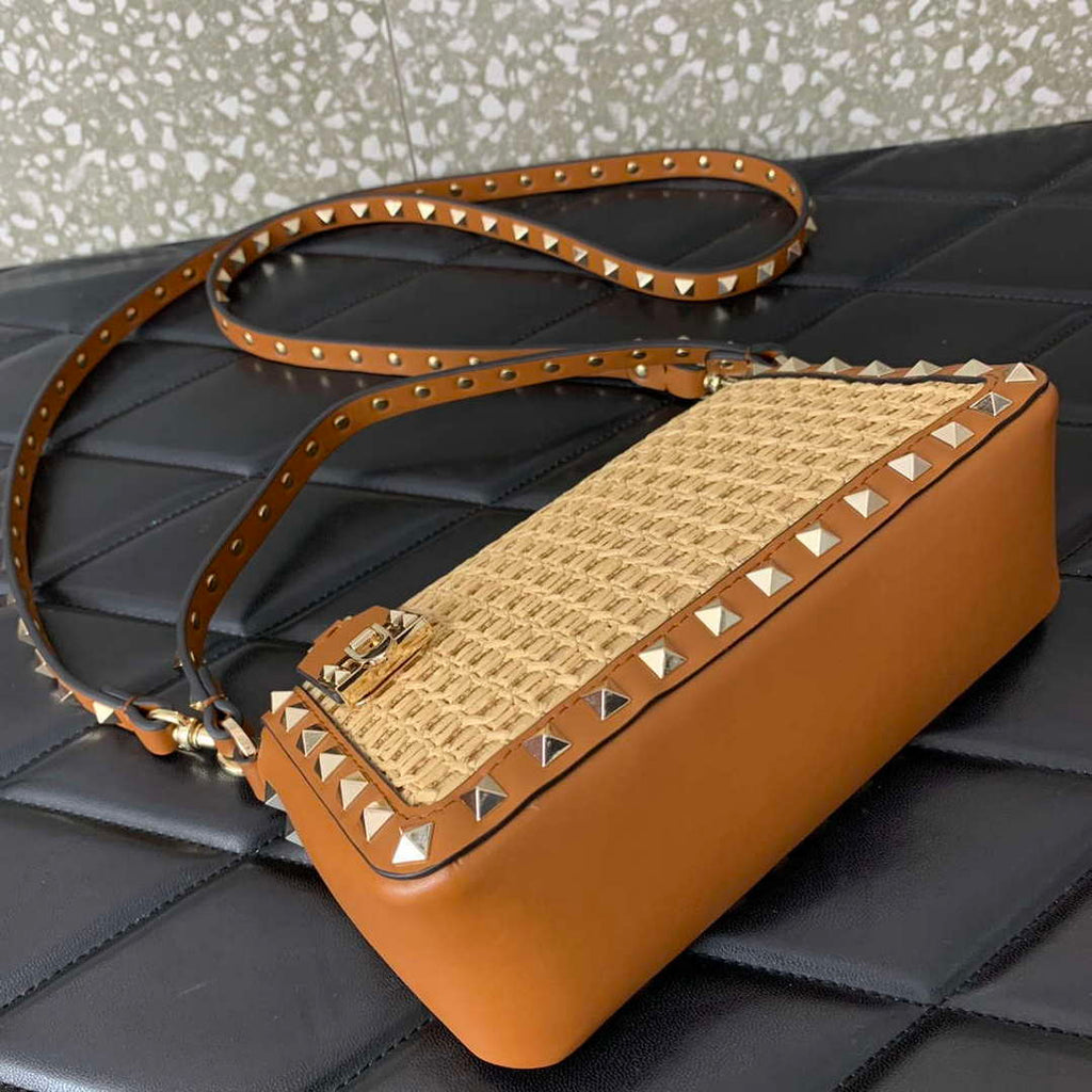 Valentino 03111 Garavani Rockstud Shoulder Bag Raffia