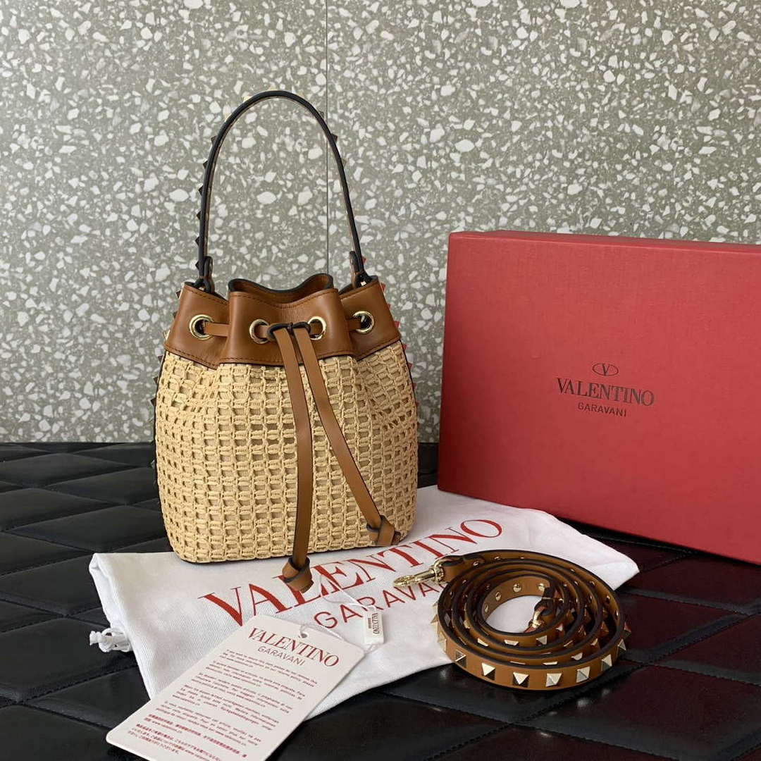 Valentino 03191 VLOGO SIGNATURE MINI BUCKET BAG IN SYNTHETIC RAFFIA