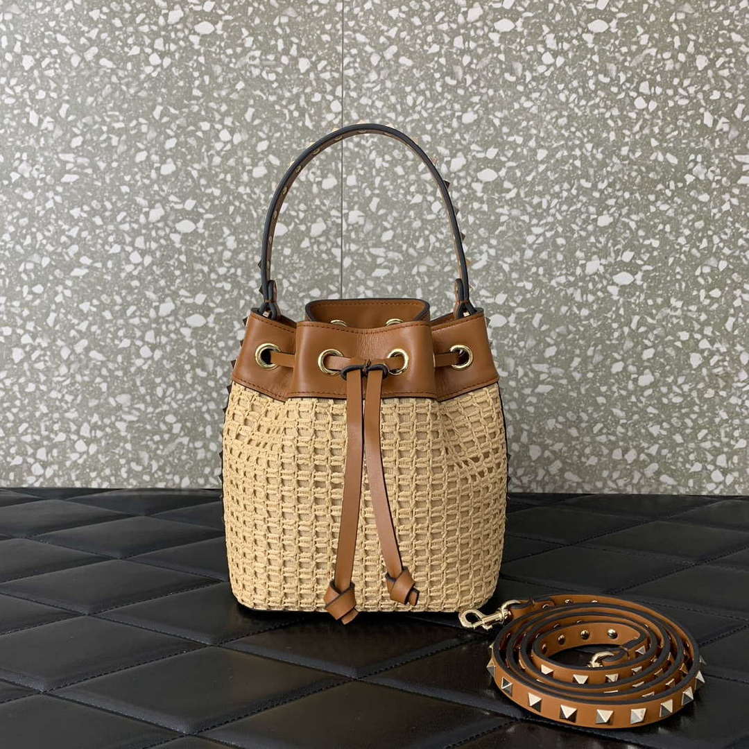 Valentino 03191 VLOGO SIGNATURE MINI BUCKET BAG IN SYNTHETIC RAFFIA