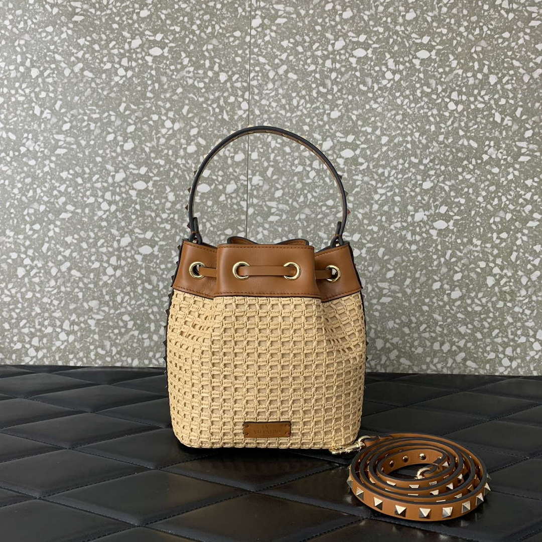 Valentino 03191 VLOGO SIGNATURE MINI BUCKET BAG IN SYNTHETIC RAFFIA - Default Title - View 3