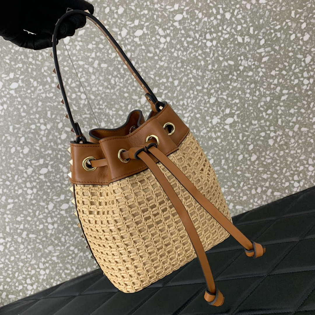 Valentino 03191 VLOGO SIGNATURE MINI BUCKET BAG IN SYNTHETIC RAFFIA