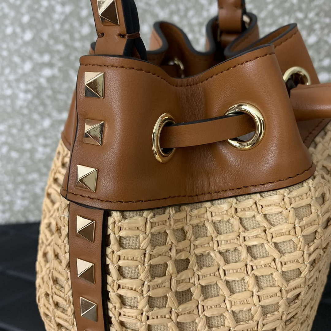 Valentino 03191 VLOGO SIGNATURE MINI BUCKET BAG IN SYNTHETIC RAFFIA