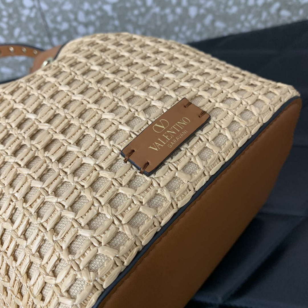 Valentino 03191 VLOGO SIGNATURE MINI BUCKET BAG IN SYNTHETIC RAFFIA
